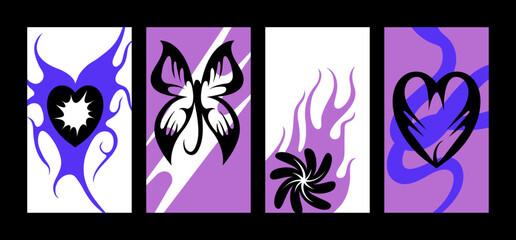 Vector iset of design templates backgrounds with Y2k icons- brutalist design tattoo. Frames and prints for social media stories.