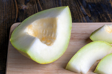 Sliced ripe soft melon, close up