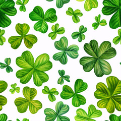 Watercolor hand drawn four leaf clover seamless pattern for St. Patrick's Day for good luck. Element isolated on white background