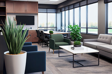 Bright & modern office,  sleek furnishings & 3D decor. Empty room boasts window view for corporate meetings & comfortable lounge for work. Ideal for any business seeking functional & stylish workspace