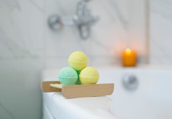 Natural cosmetics. Close-up of handmade bath bombs in bathroom. Concept of therapy. I'm taking...