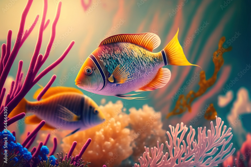 Wall mural Colorful tropical fish swimming in ocean. Generative AI - Wall murals