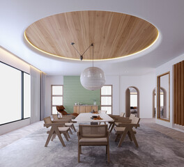 3d rendering,3d illustration, Interior Scene and  Mockup,modern style dining room with ceiling decoration,white and green wall decoration.