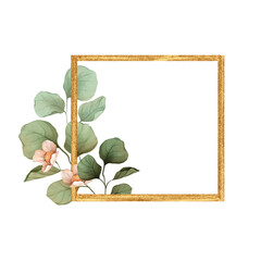 Gold square frame with whiteflowers and green leaves. Floral Wedding card decor