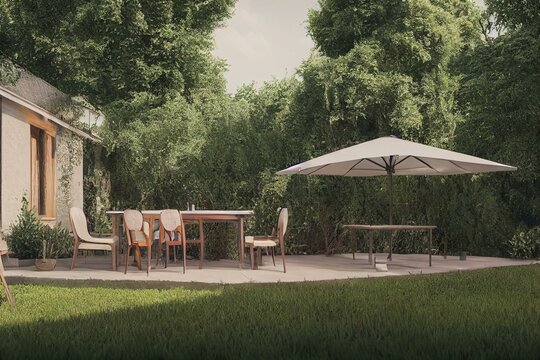 Beautiful backyard with barbeque area and dining table. Generative AI