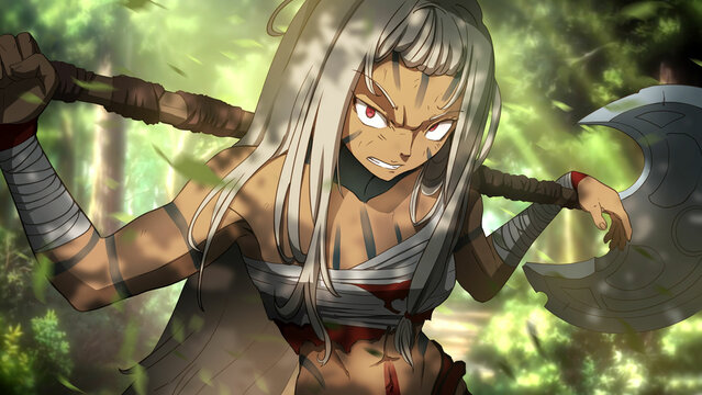 A brutal bandit girl with red eyes and gray white hair, she is a barbarian with tattoos and a huge axe in the summer forest, she is  looking irritably at the camera with a threat. 2d anime art