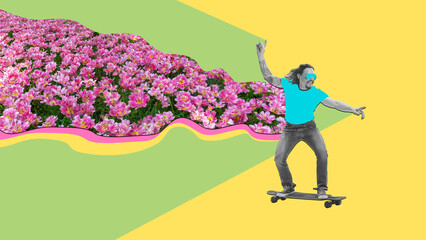 Man running away with pink flowers on light background. Contemporary art collage or creative design. Inspiration, creativity and fashion concept. Concept of love, holiday, women's day, beauty. Banner