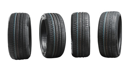 Car tires with a great profile in the car repair shop.  Set of summer or winter tyres in front of...