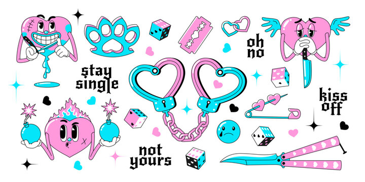Valentine's Day elements set. Sticker pack in retro 90s, y2k style. Anti valentines day conception. Creepy characters and broken love symbols in trendy neon 2000s design 