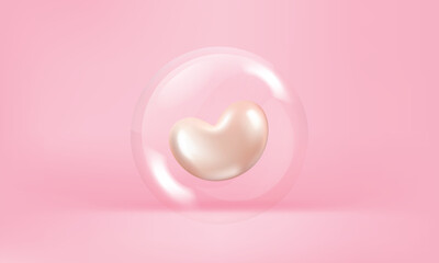 Pearl heart in glossy ball 3d rendering style. Vector 3d decoration.