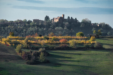 Fototapeta na wymiar Italian countryside with autumn colored trees and vineyards