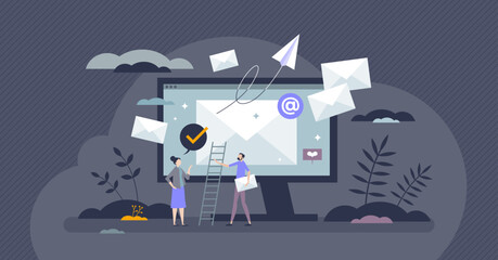 Email marketing as send digital mail for communication tiny person concept. Network lettering, newsletters and receiving correspondence with sales offers as advertising strategy vector illustration. - obrazy, fototapety, plakaty