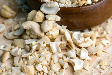 Hard roasted and peeled cashew nuts on the table