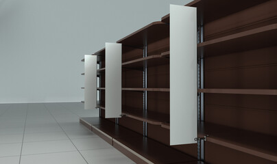 Blank Shelf-Stopper With Shelf, Close-up View Wobler Template, White Advertising Banner Attached To Shelf, 3D render Illustration