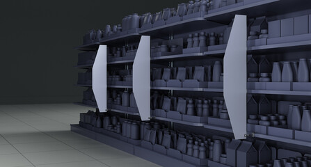 Blank Shelf-Stopper With Shelf, Close-up View Wobler Template, White Advertising Banner Attached To Shelf, 3D render Illustration