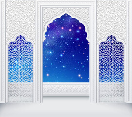 Islamic design arch in Clouds with starry sky with colorful stars