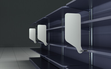 Blank Shelf-Stopper With Shelf, Close-up View Wobler Template, White Advertising Banner Attached To Shelf, 3D render Illustration