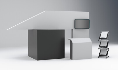 Advertising Booth 3d Mockup, Retail Trade Stand With Black Cube, Advertising POS POI Promotion counter, 3D rendering