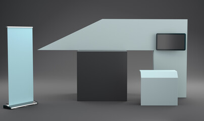 Advertising Booth 3d Mockup, Retail Trade Stand With Black Cube, Advertising POS POI Promotion counter, 3D rendering