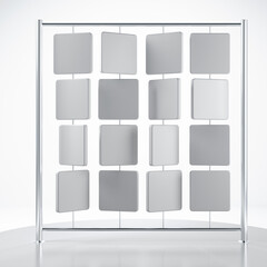 Random rotated blank plates or cubes, Advertising white tiles in a row, 3D render