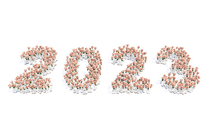 Concept or conceptual set of beautiful blooming pink roses bouquets forming the year 2023. 3d illustration metaphor for hope, future, prosperity,  health, romance and love, nature, spring or summer.