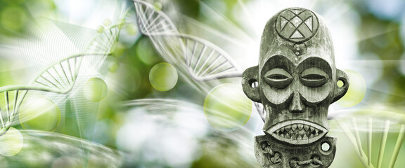 ancient cult mask  against the background of an abstract image of stylized DNA chains.