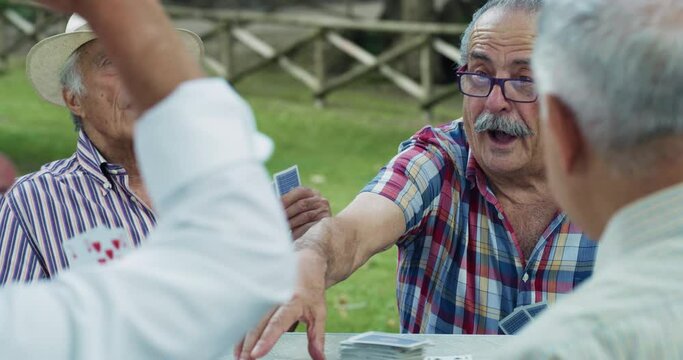 Portrait of a Group of Senior Male Friends Enjoying the Summer Weather Outdoors by Playing Cards Game Together in a Park. Elder Man Getting Excited and Laughing Over his Victory Streak
