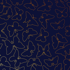 linear golden pattern of butterflies on a dark blue background for printing and design. Vector illustration.