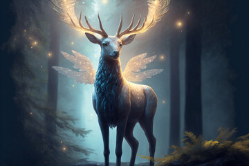 Magical winged deer guardian of the forest - AI generative