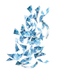 One hundred Brazilian banknotes falling on white isolated background. Concept of fortune, wealth, money rain or big luck.
