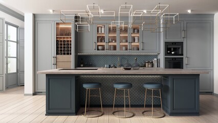 Wnętrze kuchni zaprojektowano jako połączenie klasycznej nowoczesności i stylu glamour. Niebieskie dekoracyjne fronty szafek współgrają z szarym granitem i złotymi detalami. ilustracja 3D
 - obrazy, fototapety, plakaty