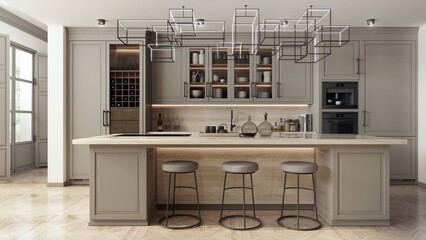 The interior of the kitchen was designed as a combination of classic modern and glamour styles. Grey decorative fronts of cabinets harmonize with light stone and blac details. 3d illustration