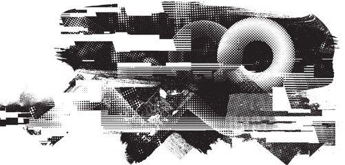 Obraz premium Glitch distorted geometric shape . Noise destroyed logo . Trendy defect error shapes . Glitched frame .Grunge textured . Distressed effect .Vector shapes with a halftone dots screen print texture.