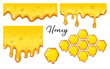 Yelllow honeycombs with flowing honey borders set isolated, design for medicine logo, product packaging, vector illustration.