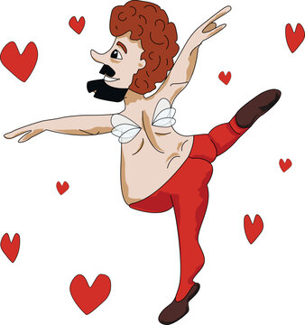 Cute Potbellied Cupid Dancer in love with Funny Tummy and many Red Hearts on background, vector illustration