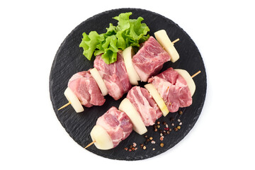 Raw pork skewers, ready to cook, BBQ, isolated on white background.