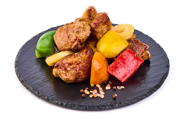 Grilled pork barbecue, roasted shish kebab, isolated on white background.