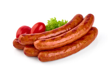 Barbecued sausages, fried sausages bbq, isolated on white background.