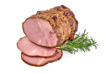 Cold smoked meat with slices, rustic style, isolated on white background.