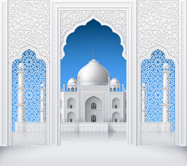 Illustration of door or window of mosque decorated with geometric pattern, and view on Taj Mahal, background for ramadan kareem greeting cards