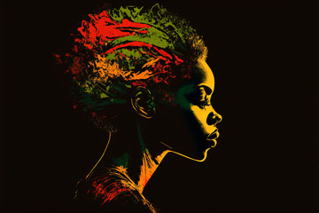 Black History Month banner. Silhouette face head in profile ethnic group of black African and African American woman on black background