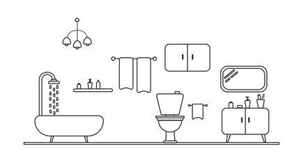 bathroom and toilet interior linear black outline. room design plan with mirror and shower