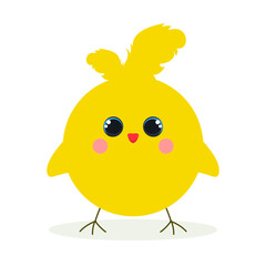 Cute yellow chicken with big bangs on white background