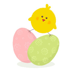 Cute yellow chicken with Easter eggs on white background
