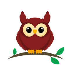 Cute blue owl sitting on a tree branch on a white background
