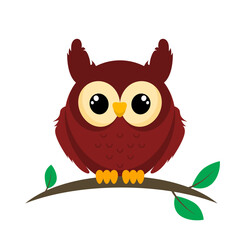Cute brown owl sitting on a branch on a white background
