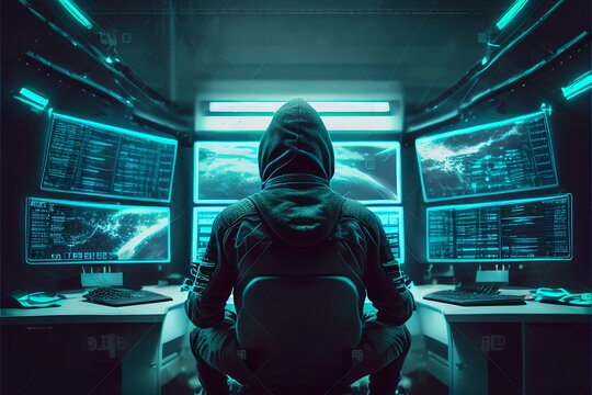 Hacker in front of big screens in a dark cinematic command center