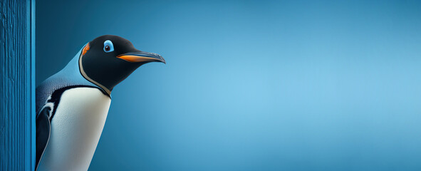 Curious penguin peeks around a corner against a blue background created with Generative AI technology. Copy space. - obrazy, fototapety, plakaty