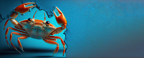Angry crab threatens with claws while standing in a hole in blue paper, created with Generative AI technology. Copy space. - obrazy, fototapety, plakaty