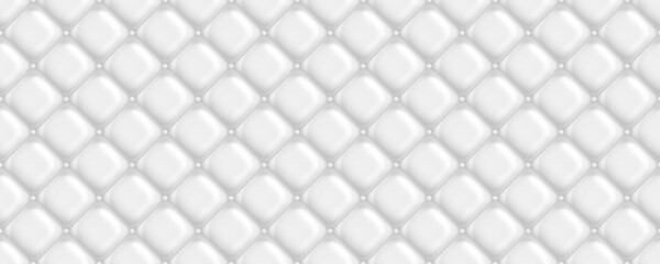 Seamless subtle white diamond tufted upholstery pattern transparent background texture overlay. Abstract soft puffy quilted sofa cushions or headboard displacement, bump or height map. 3D rendering. - obrazy, fototapety, plakaty